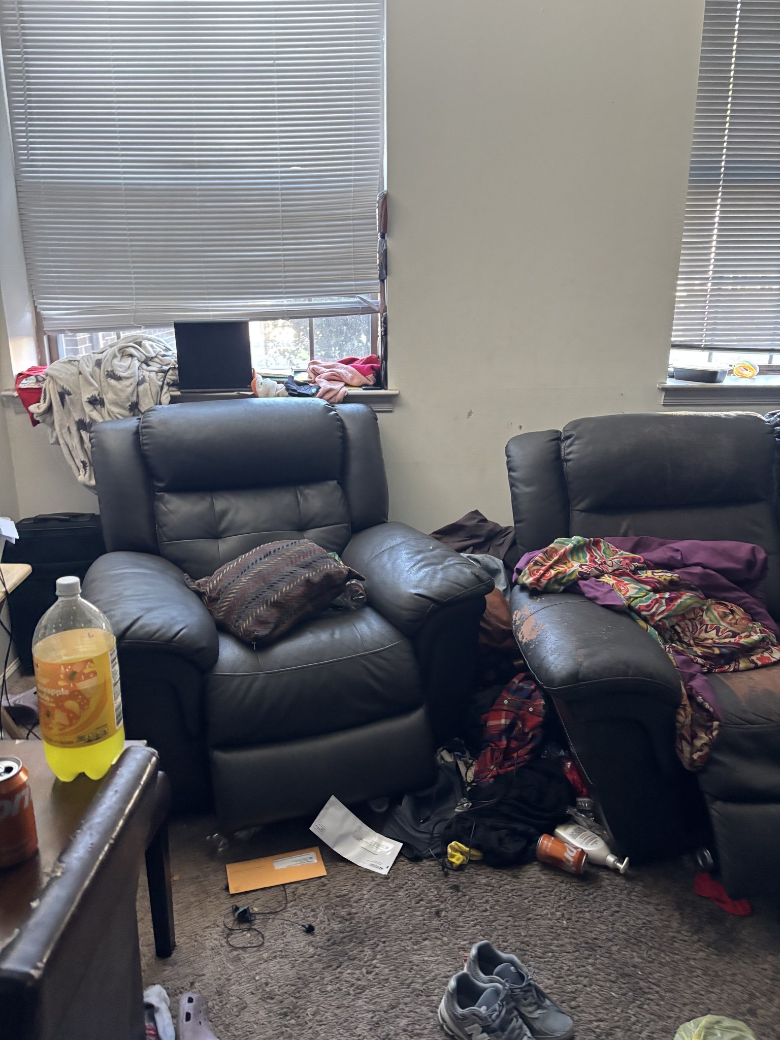 Before Fresh Wash couch cleaning — cluttered, dirty couches in a messy living room
